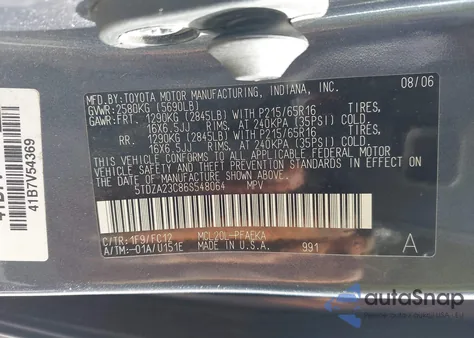 2006 Toyota Sienna Le из США, поврежденный, VIN 5TDZA23C86S548064